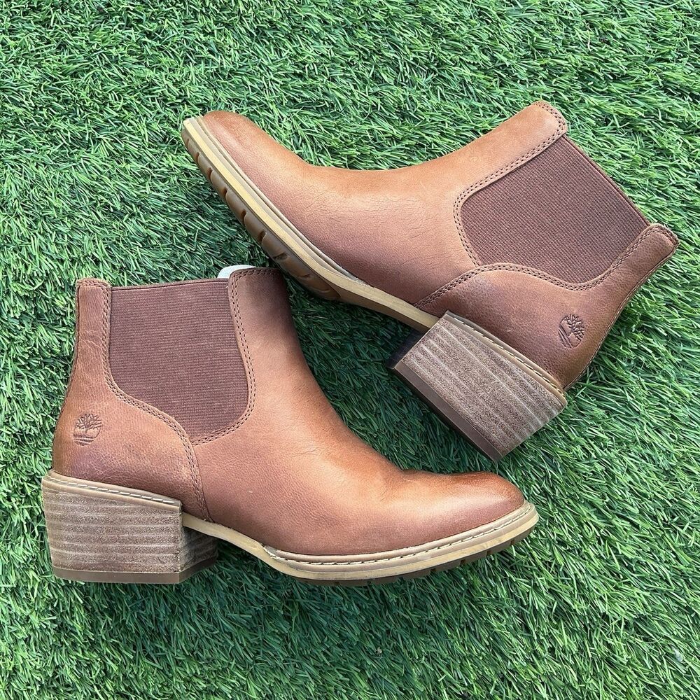 Timberland Women’s Chelsea Ankle Boots Brown Leather Block Heel Size 5.5 New